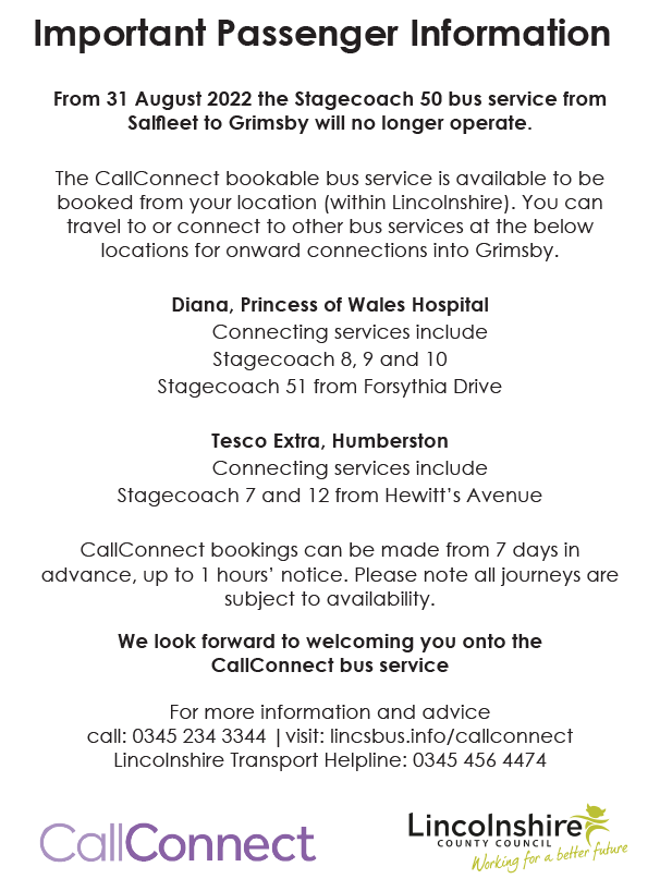 Call Connect bus info to Grimsby